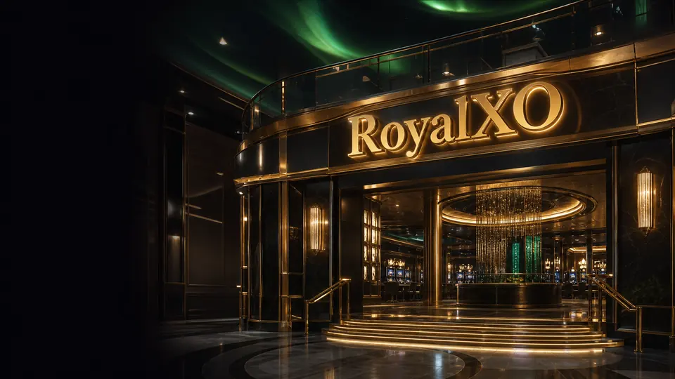 RoyalXO sisäänkäynti tummaa lasia ja kultavaloja vasten